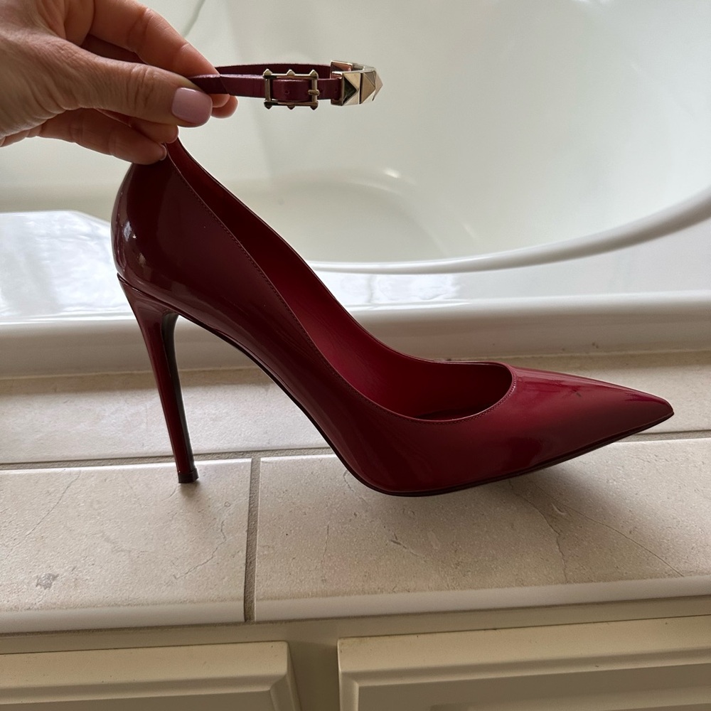 Valentino Garavani Burgundy Patent Pointed Toe Ankle-Strap Pump